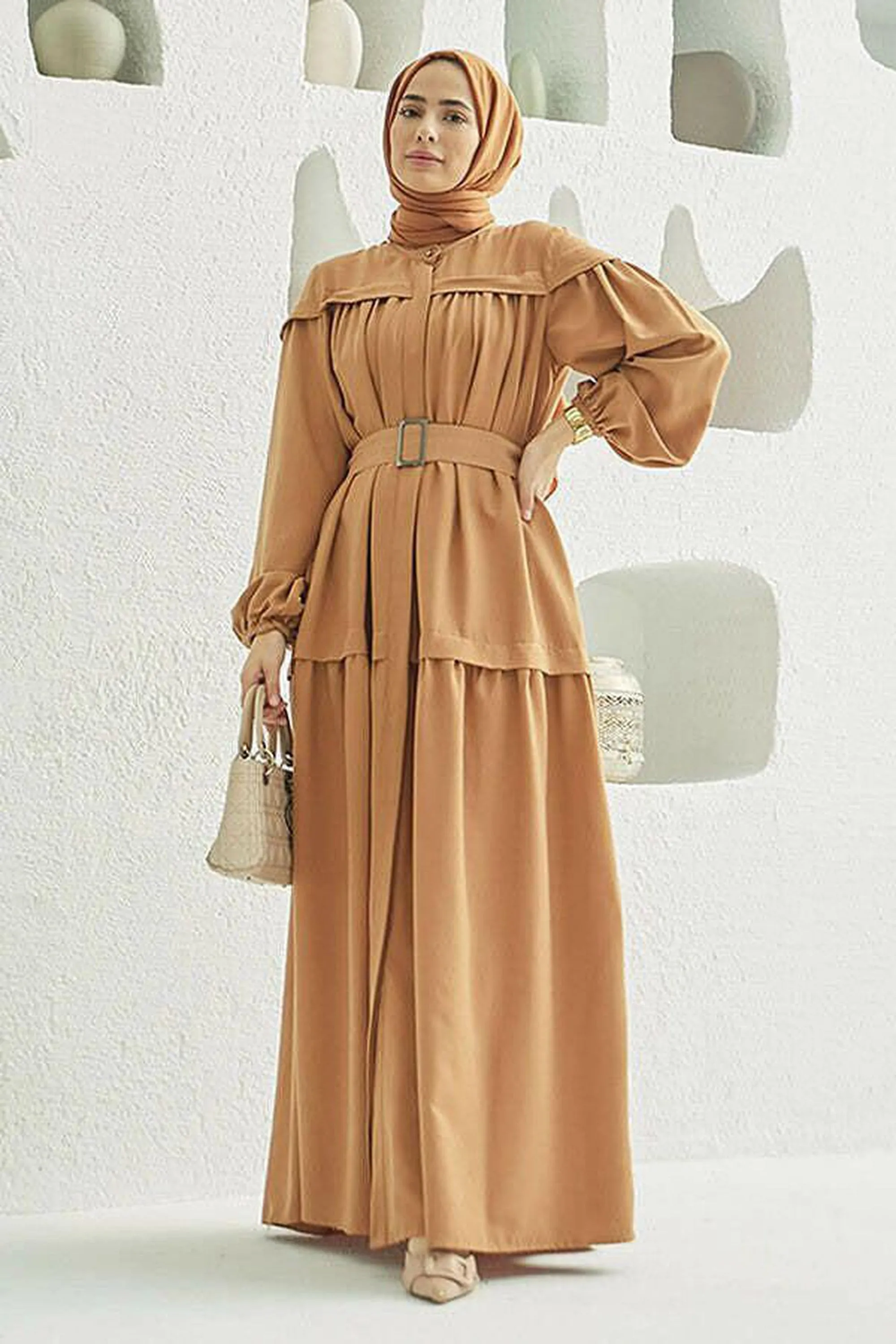 Carla Pleated Belted Modest Maxi Dress