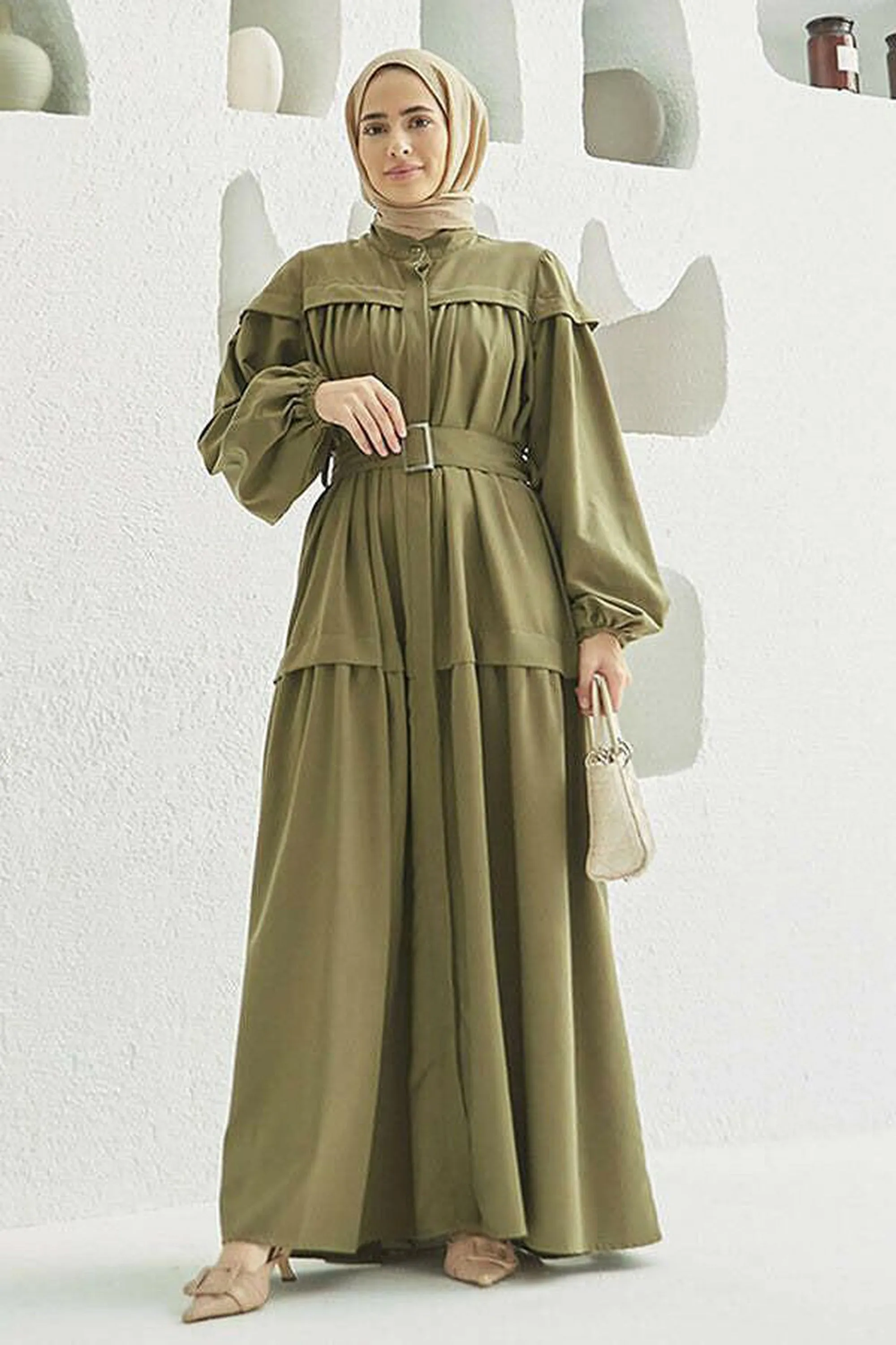 Carla Pleated Belted Modest Maxi Dress