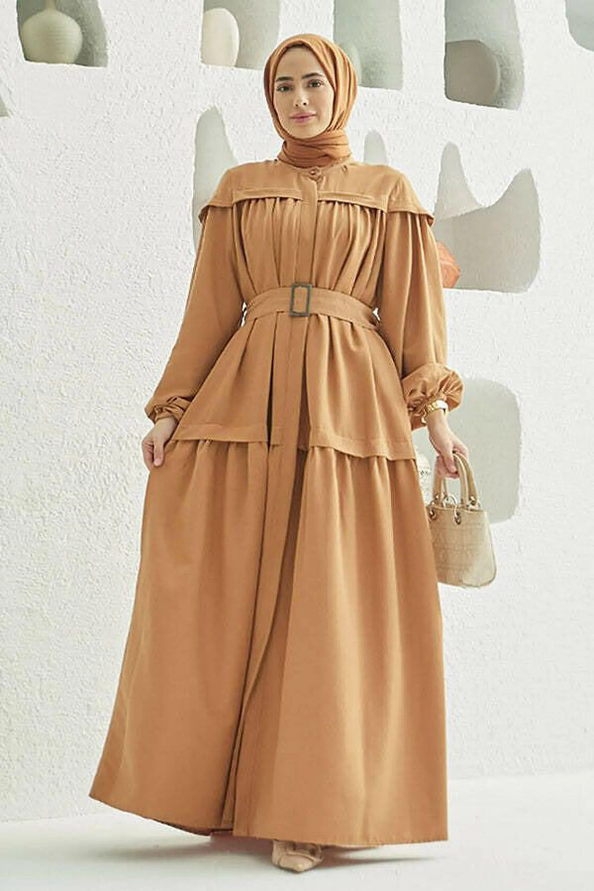 Carla Pleated Belted Modest Maxi Dress