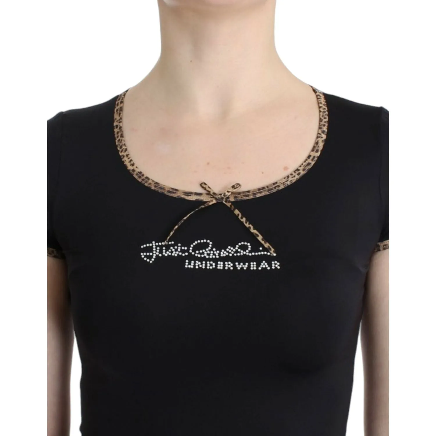 Cavalli Chic Black Crewneck Top with Leopard Details