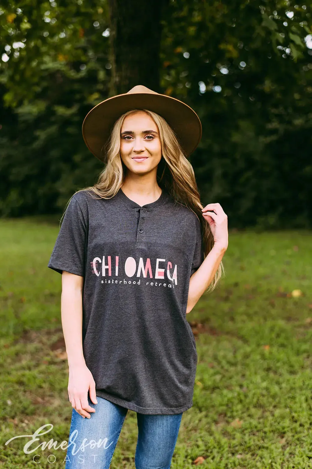 Chi Omega Sisterhood Retreat Short Sleeve Henley