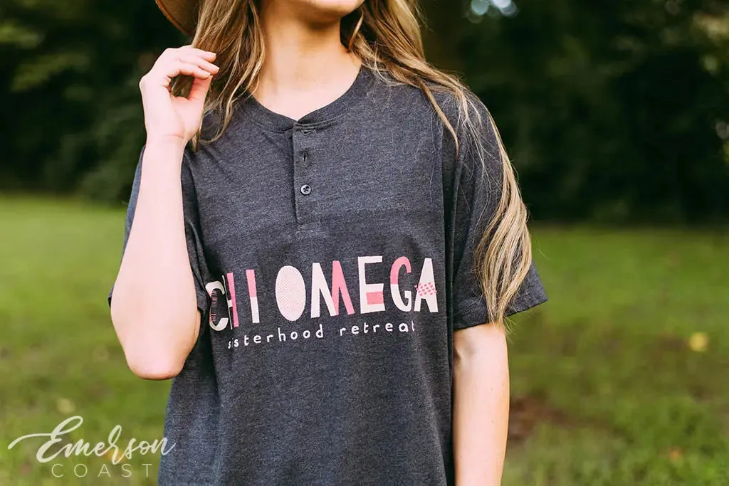 Chi Omega Sisterhood Retreat Short Sleeve Henley