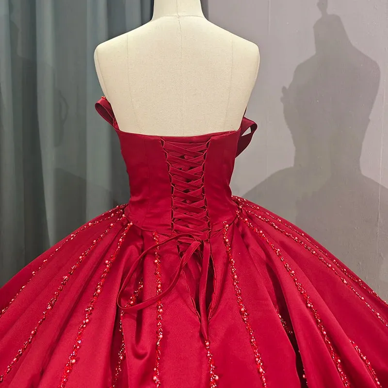 Classic Strapless Sequins Ball Gown Pleated Evening Party Dress