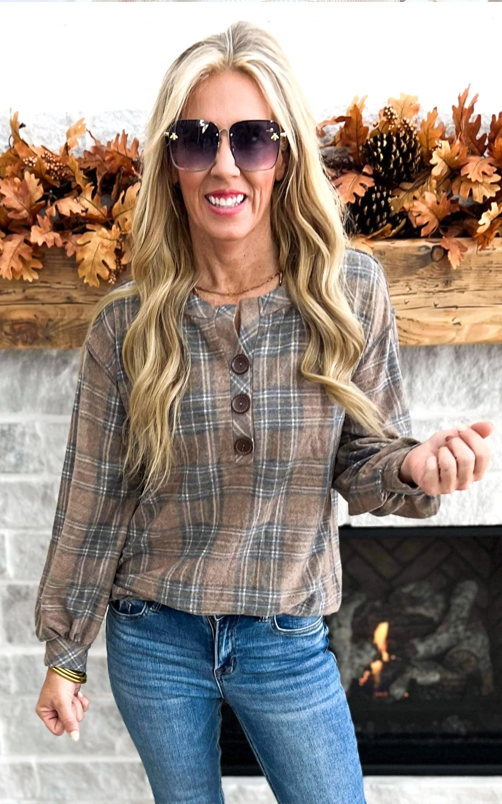 Comfortably Cozy Plaid Button Front - Taupe