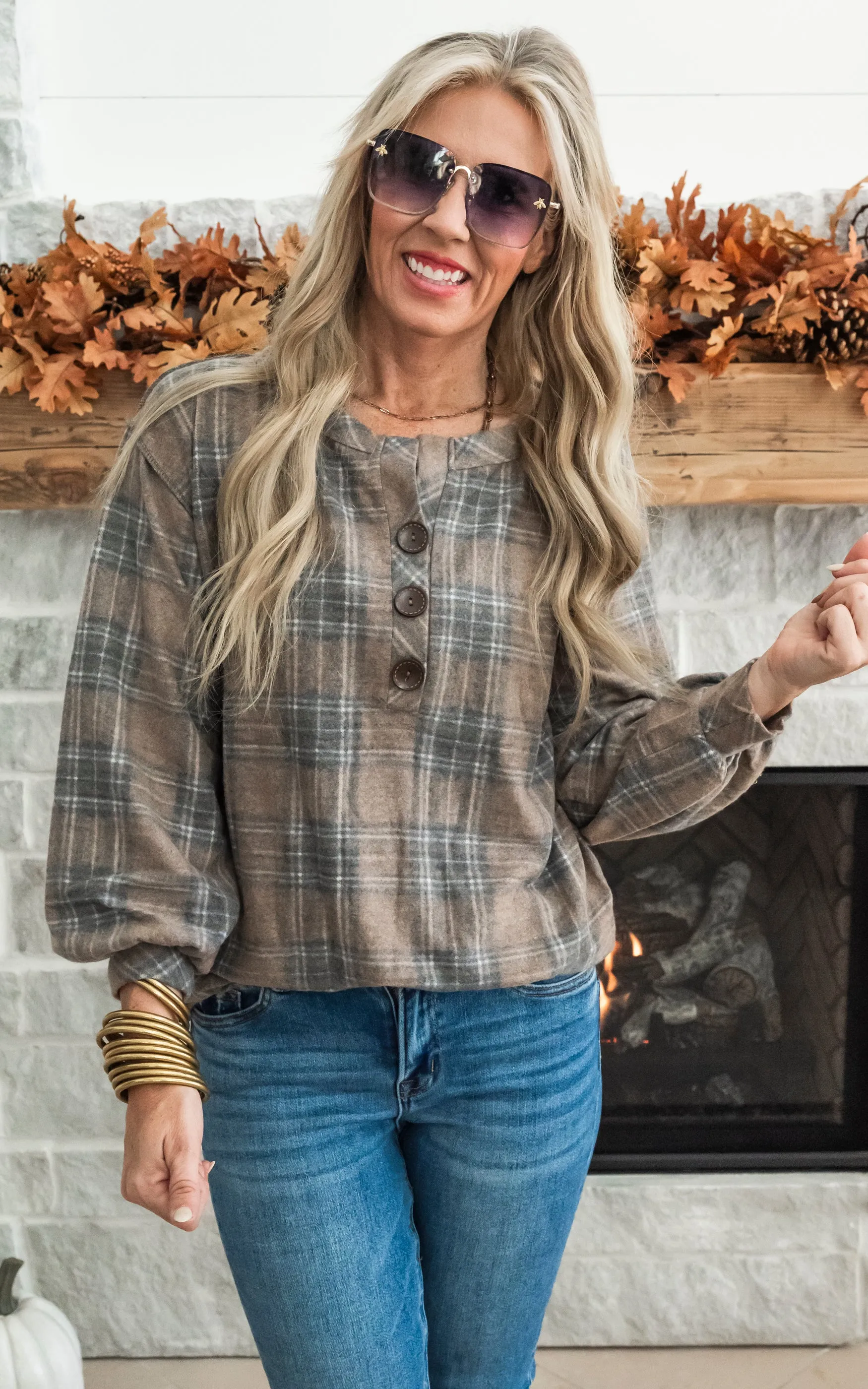 Comfortably Cozy Plaid Button Front - Taupe