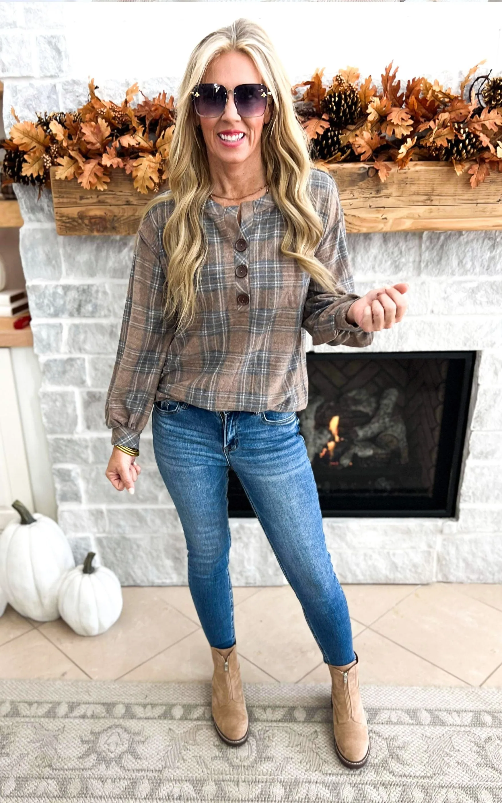 Comfortably Cozy Plaid Button Front - Taupe