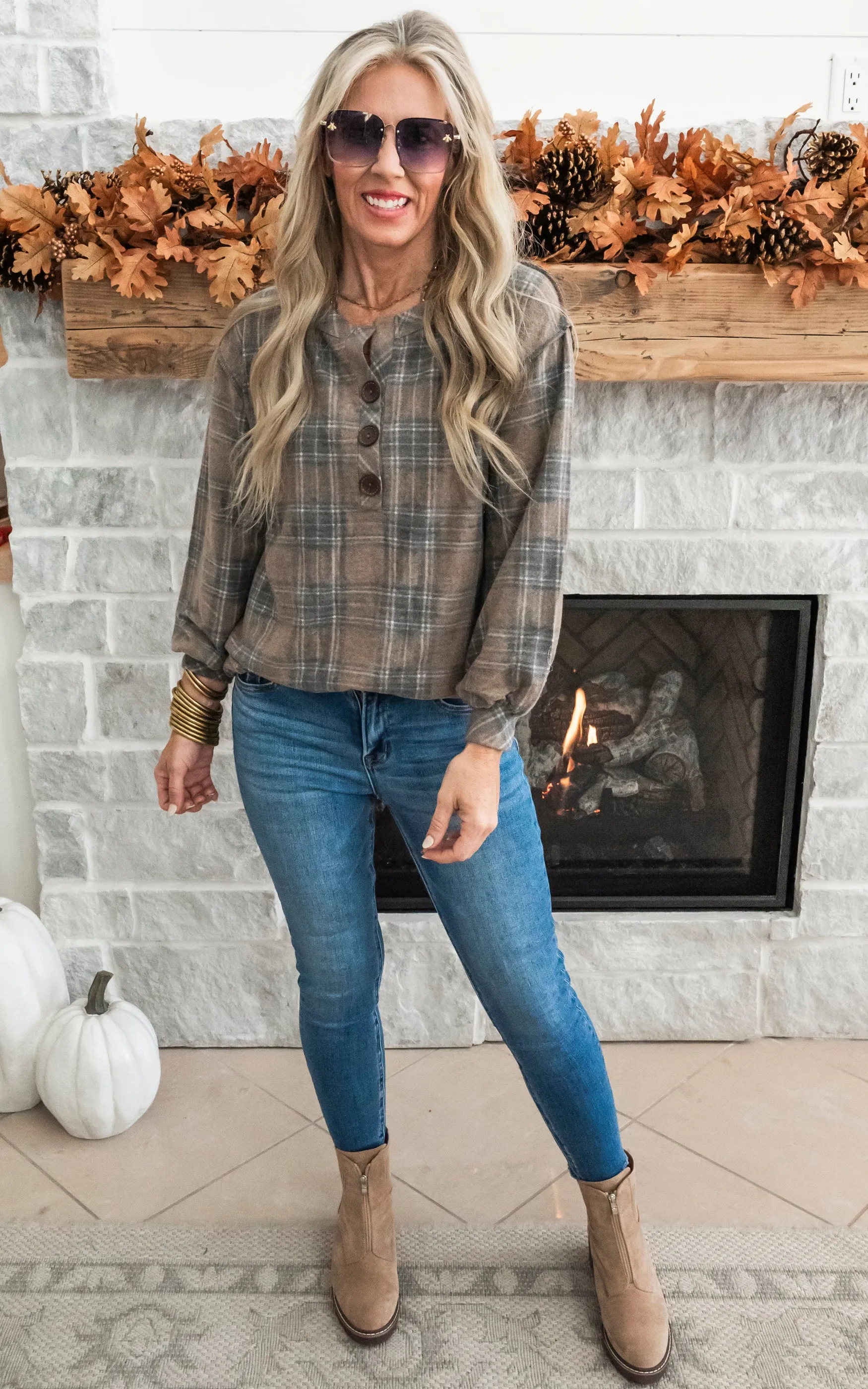 Comfortably Cozy Plaid Button Front - Taupe