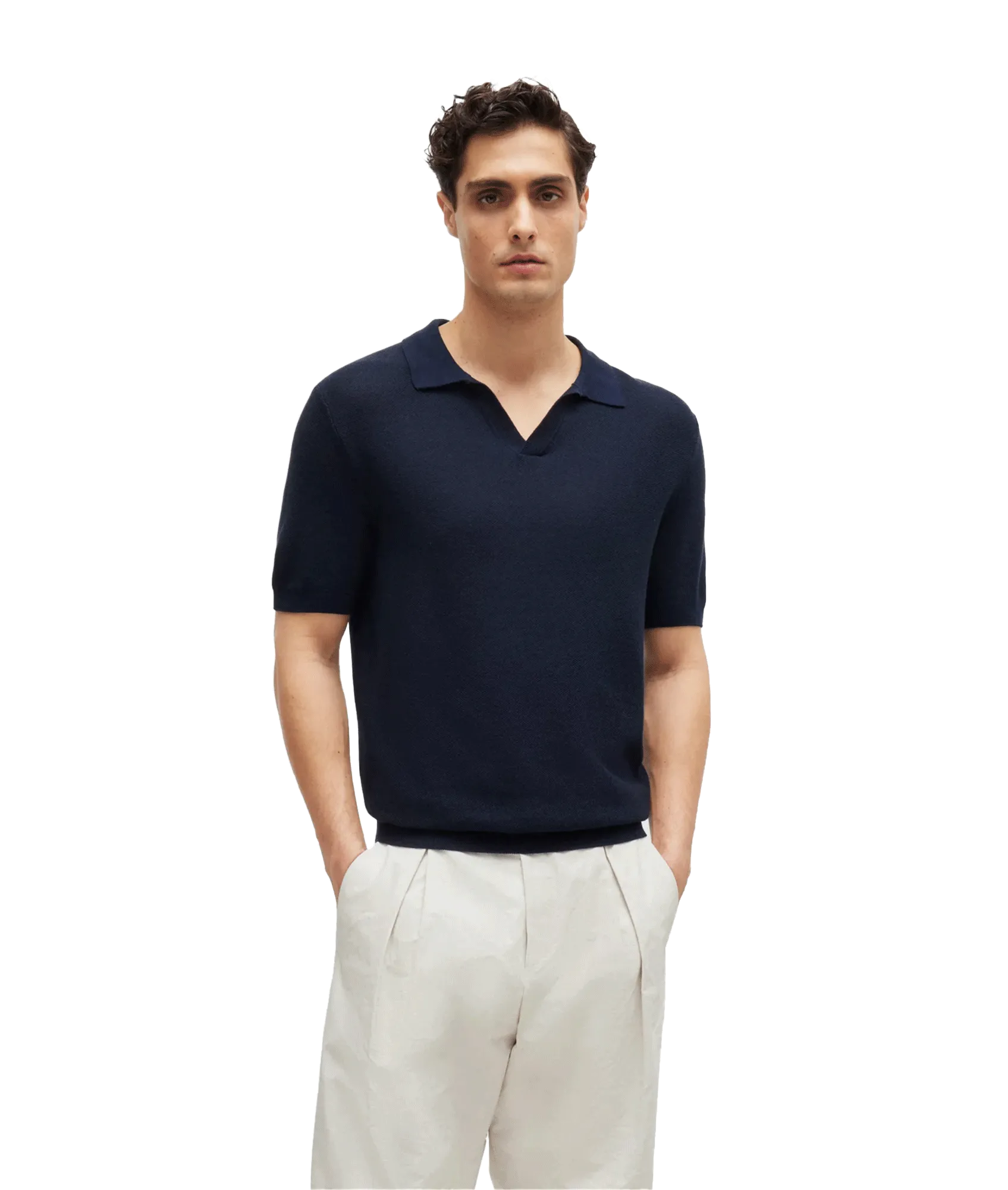 Cotton-blend Polo Sweater With Open Collar - Navy