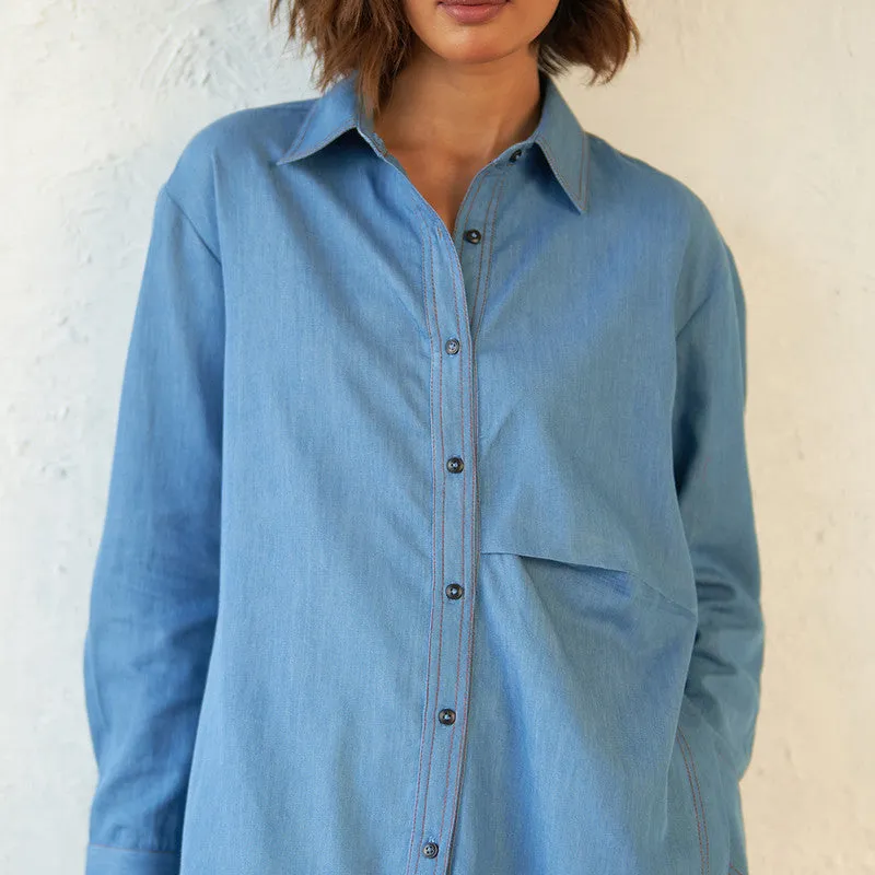 Cotton Denim Blue Shirt for Women | Asymmetric