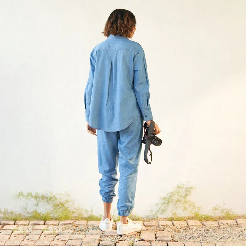 Cotton Denim Blue Shirt for Women | Asymmetric