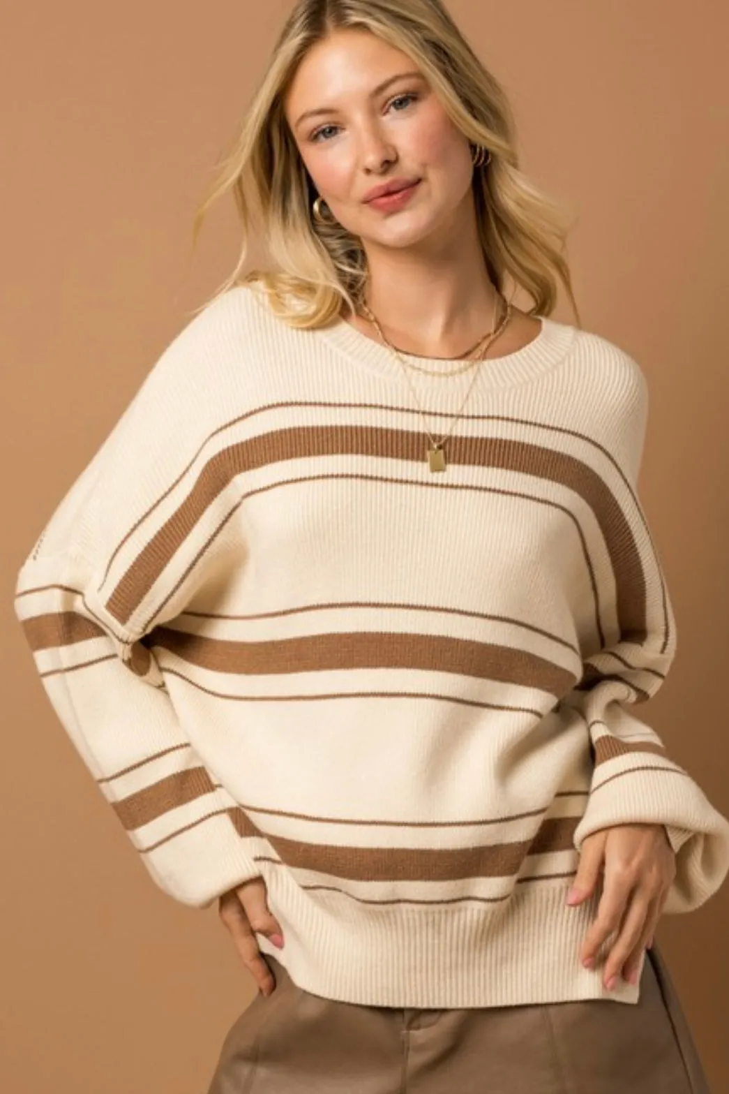 Cream & Brown Striped Relaxed Sweater