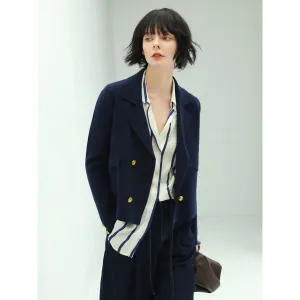 Cropped Double Breasted Knitted Navy Blazer