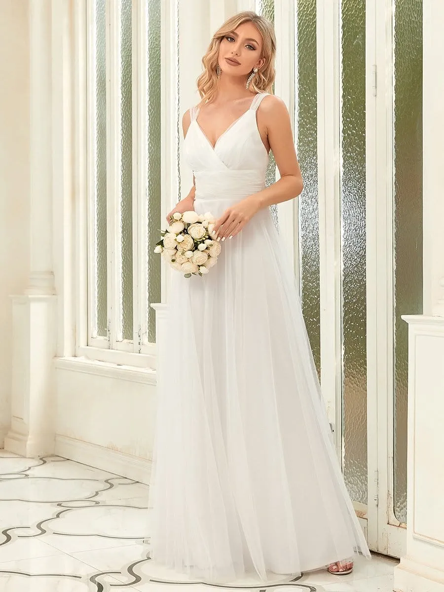 Deep V Neck Pleated Bodice Simple Tulle Wedding Dress