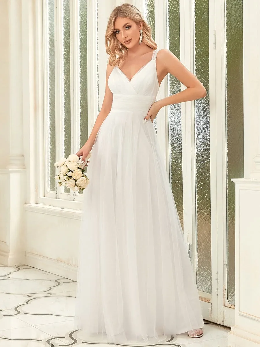 Deep V Neck Pleated Bodice Simple Tulle Wedding Dress