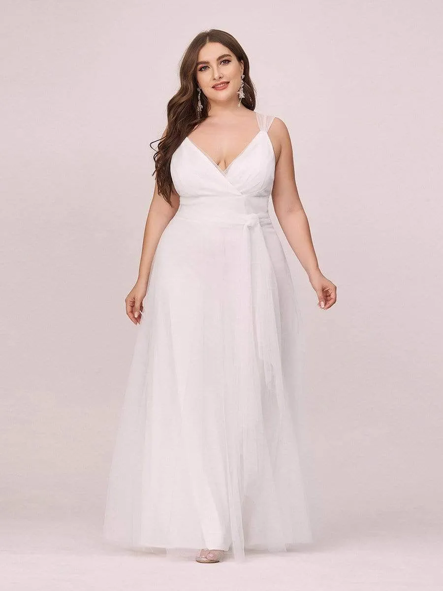 Deep V Neck Pleated Bodice Simple Tulle Wedding Dress