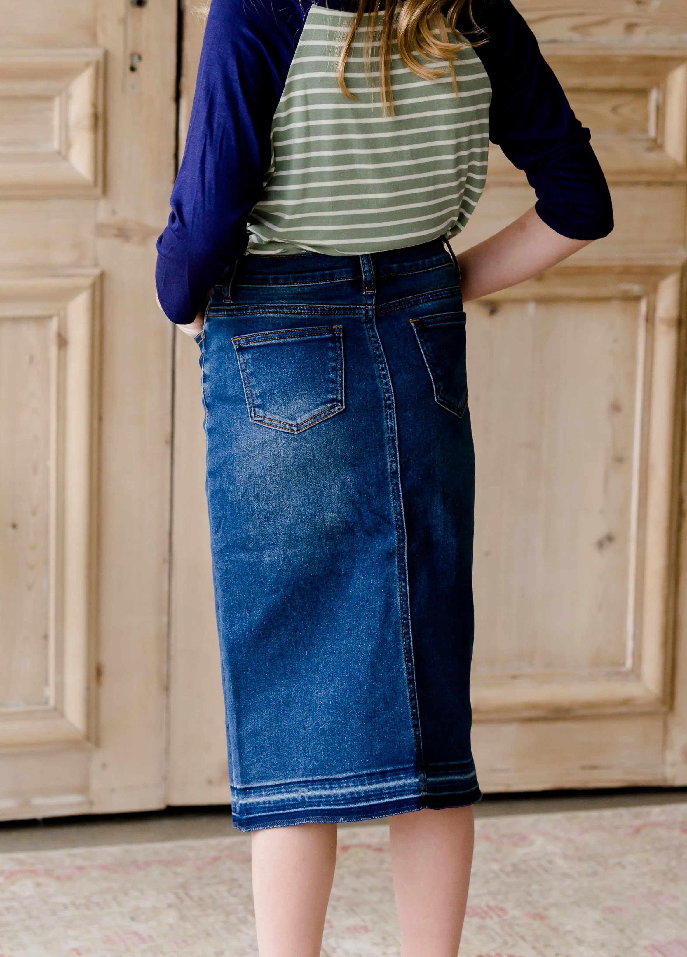 Denim Pencil Panel Jean Midi Skirt - FINAL SALE