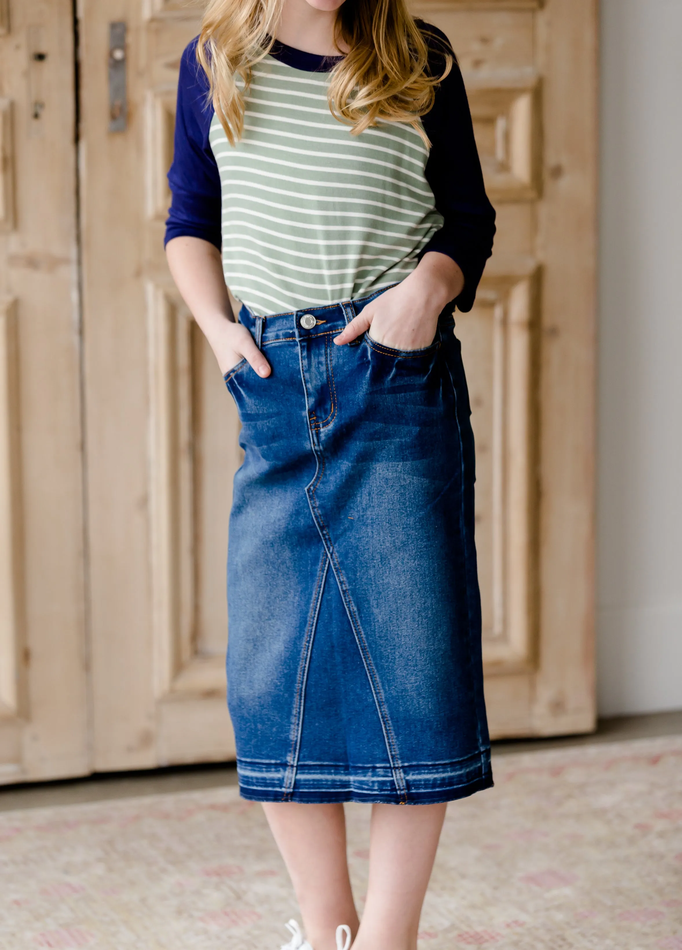 Denim Pencil Panel Jean Midi Skirt - FINAL SALE