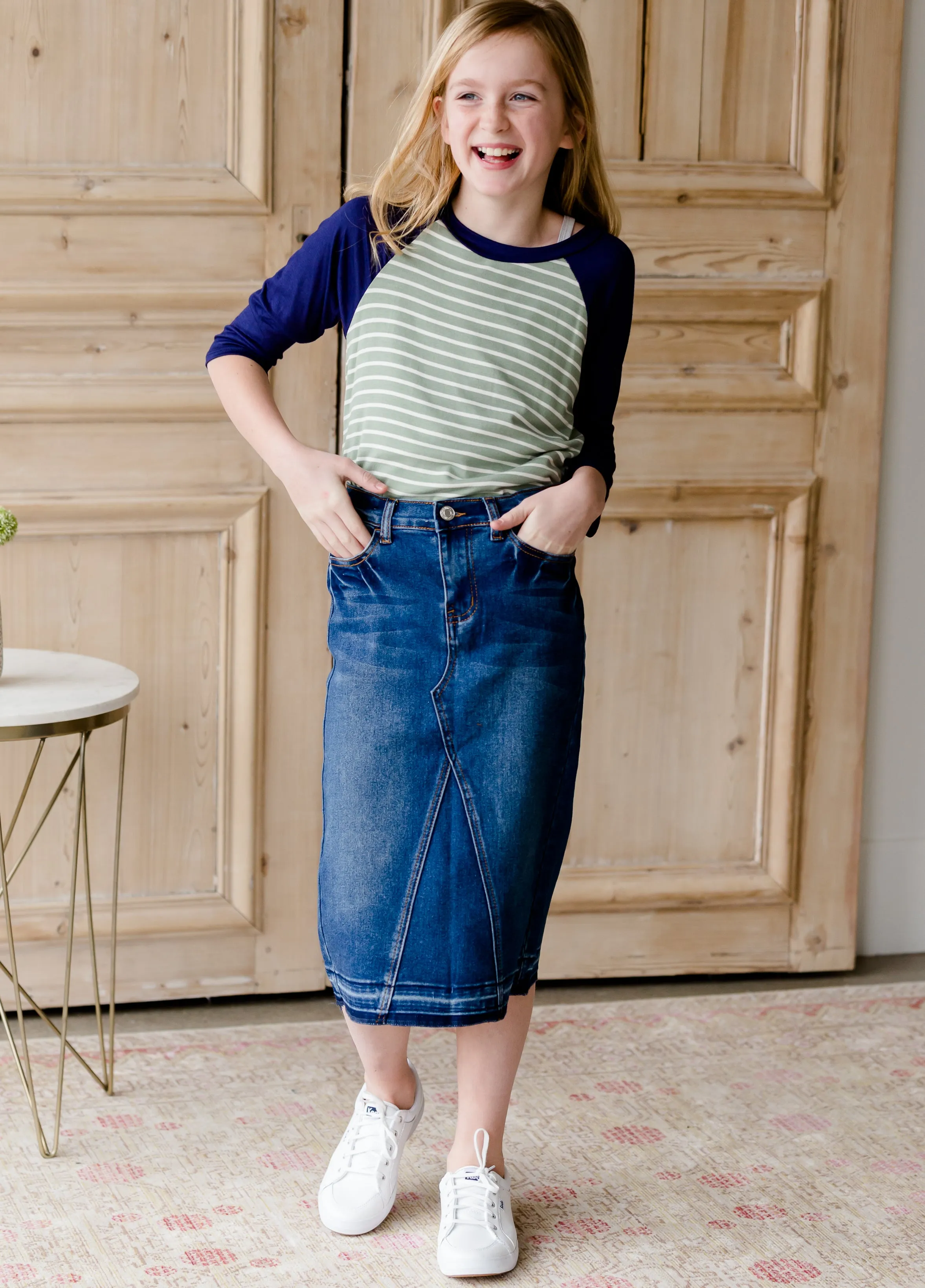 Denim Pencil Panel Jean Midi Skirt - FINAL SALE