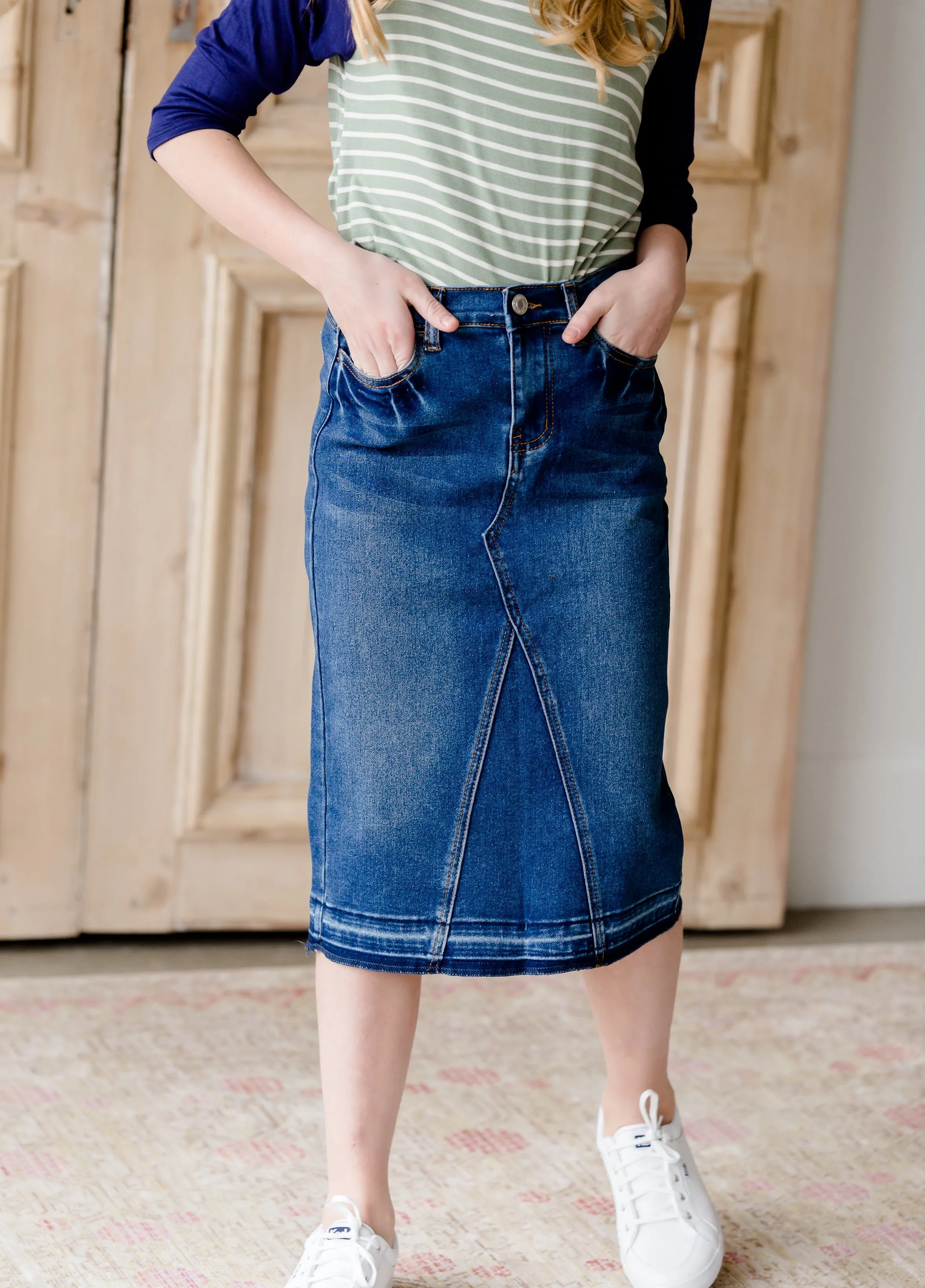 Denim Pencil Panel Jean Midi Skirt - FINAL SALE