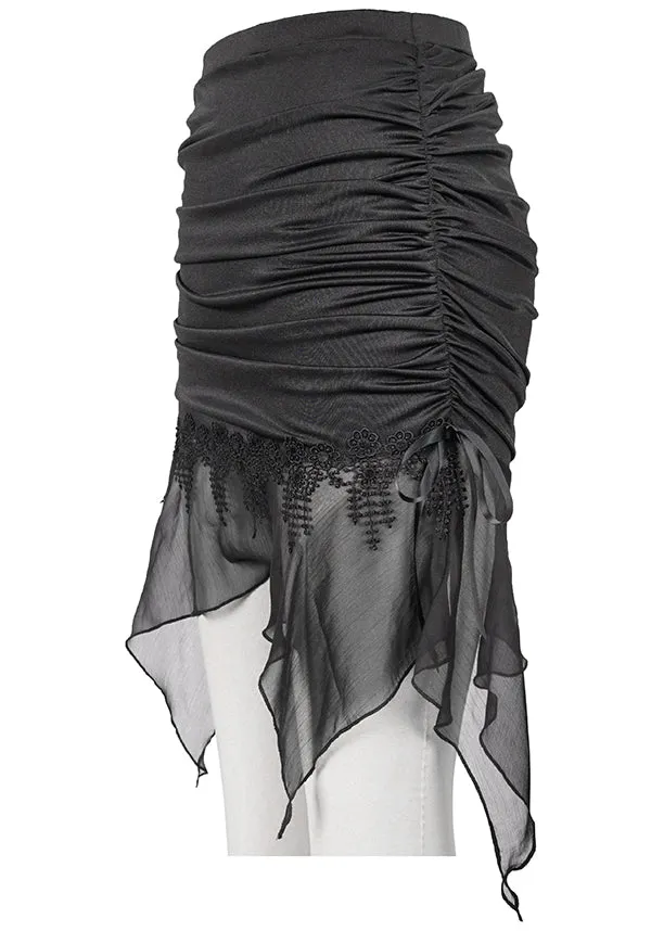 Devil Fashion Gothic Ruched Mini Skirt - Black with Sheer Lace Hem and Side Ties (Women's)