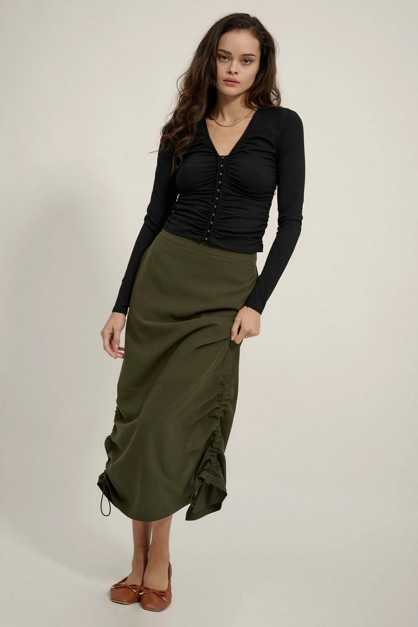 Draw Me In Ruched Drawstring Maxi Skirt