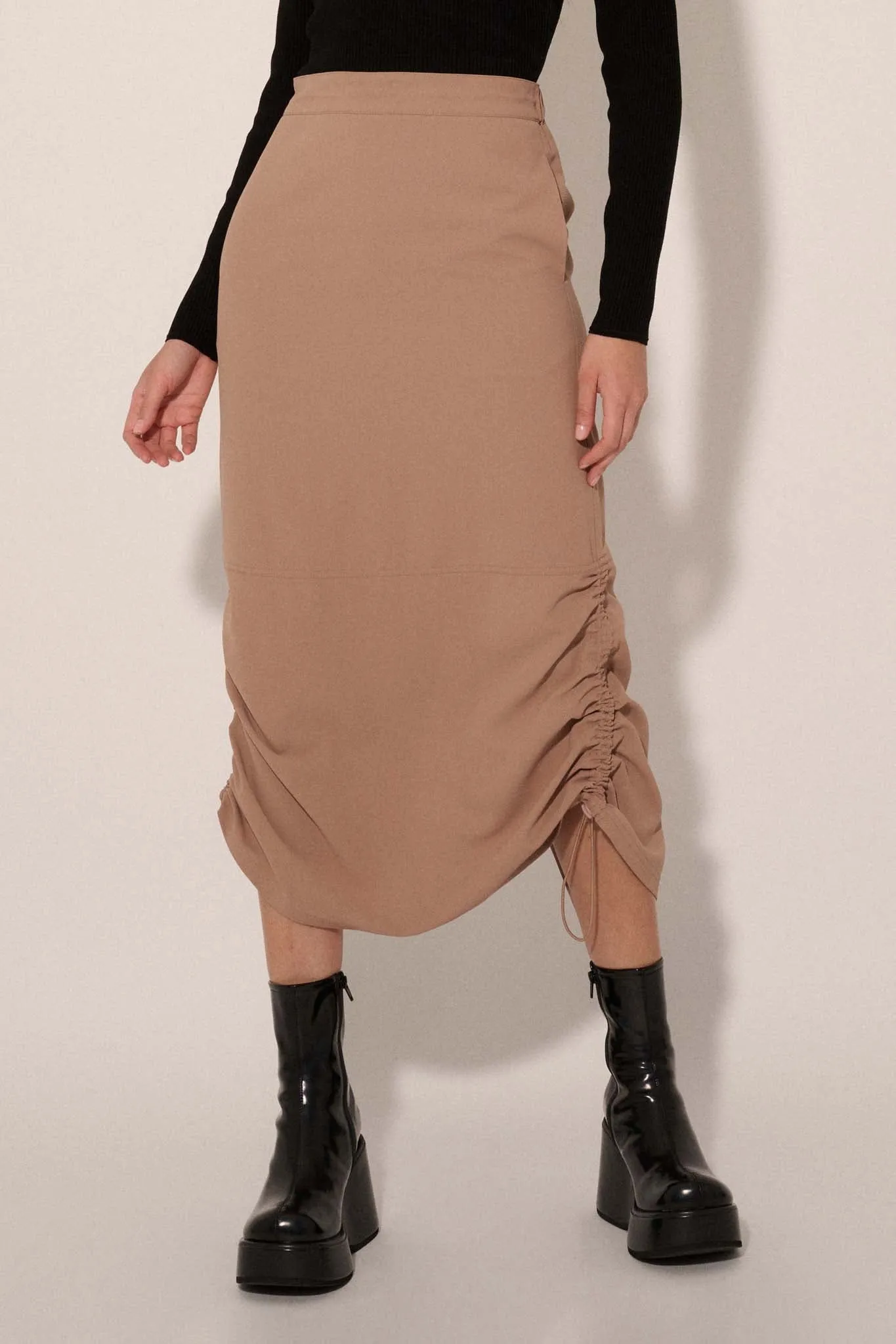 Draw Me In Ruched Drawstring Maxi Skirt