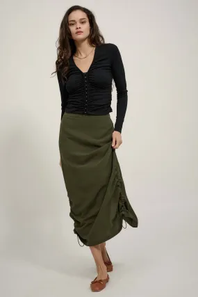 Draw Me In Ruched Drawstring Maxi Skirt