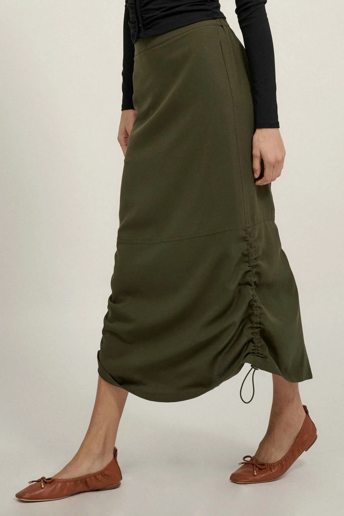 Draw Me In Ruched Drawstring Maxi Skirt