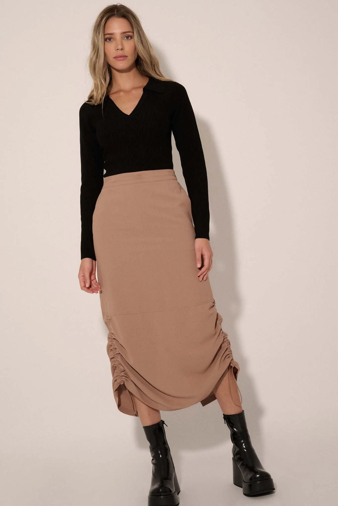 Draw Me In Ruched Drawstring Maxi Skirt