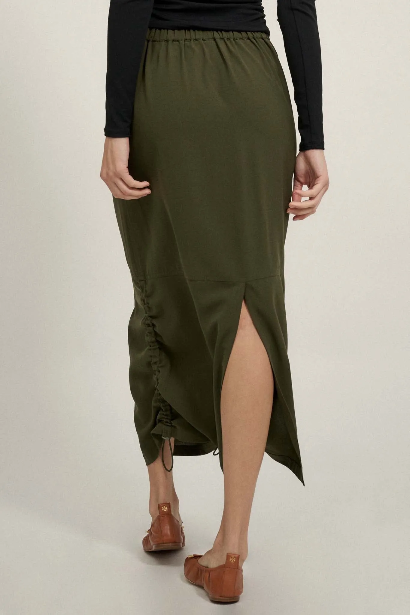 Draw Me In Ruched Drawstring Maxi Skirt