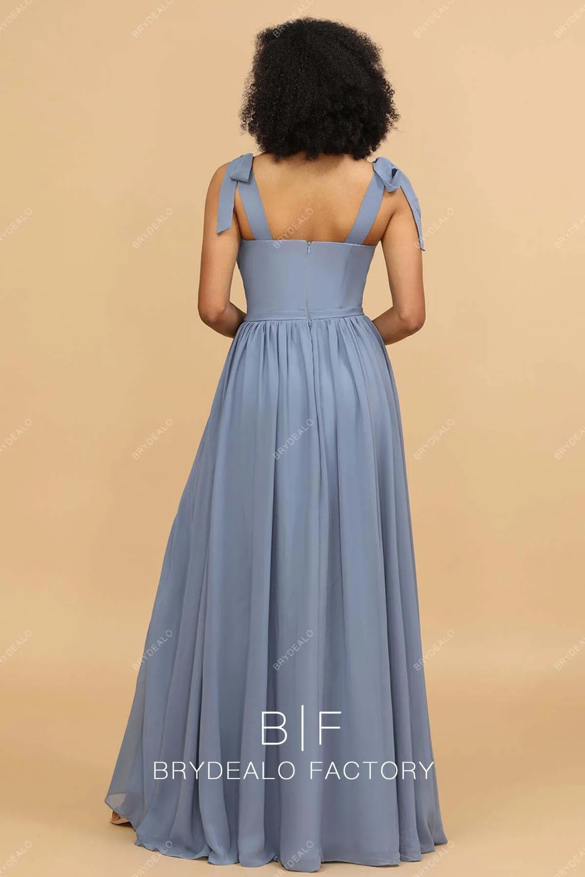 Dusty Blue Chiffon Shoulder Tie Sweetheart Empire Bridesmaid Dress