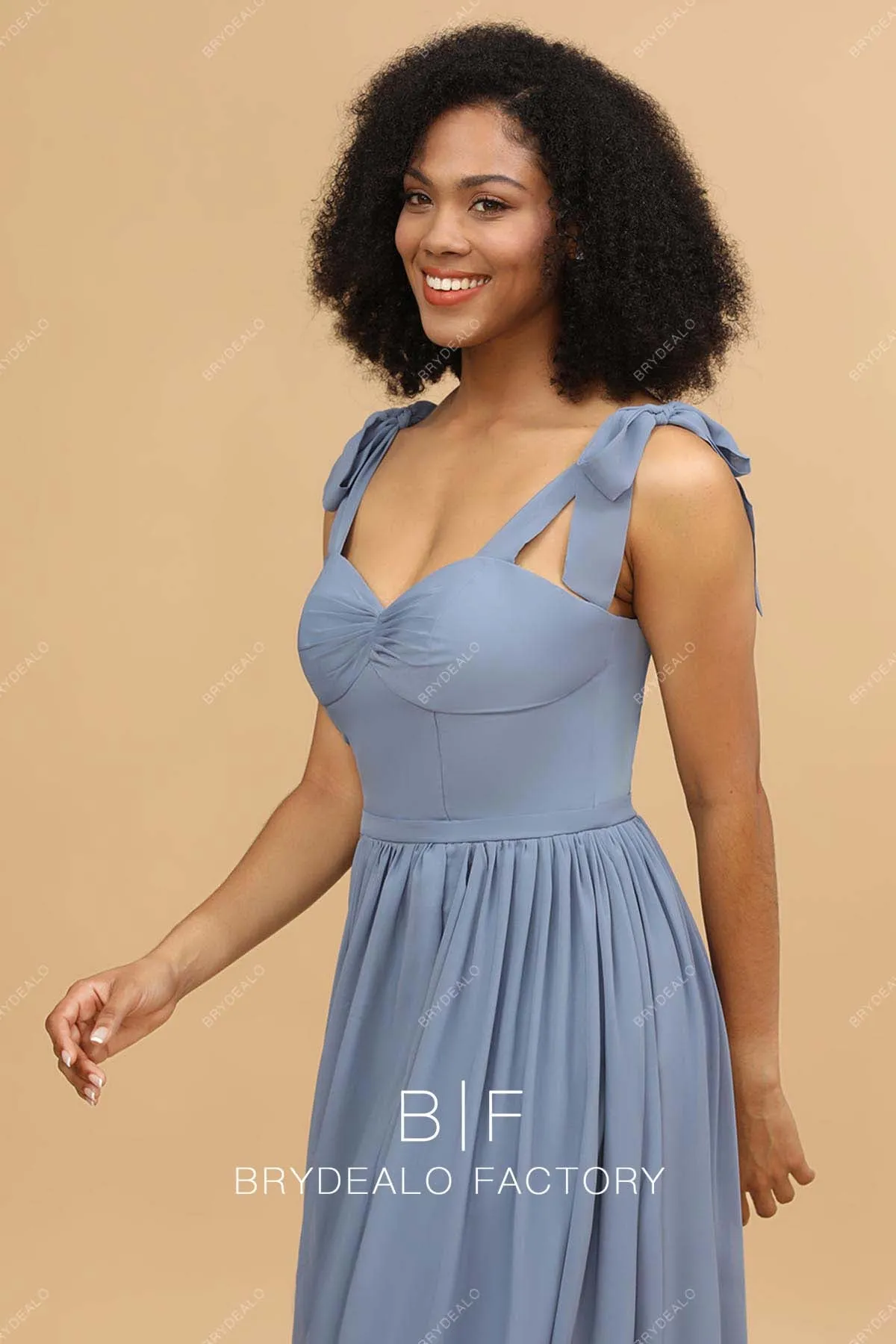 Dusty Blue Chiffon Shoulder Tie Sweetheart Empire Bridesmaid Dress