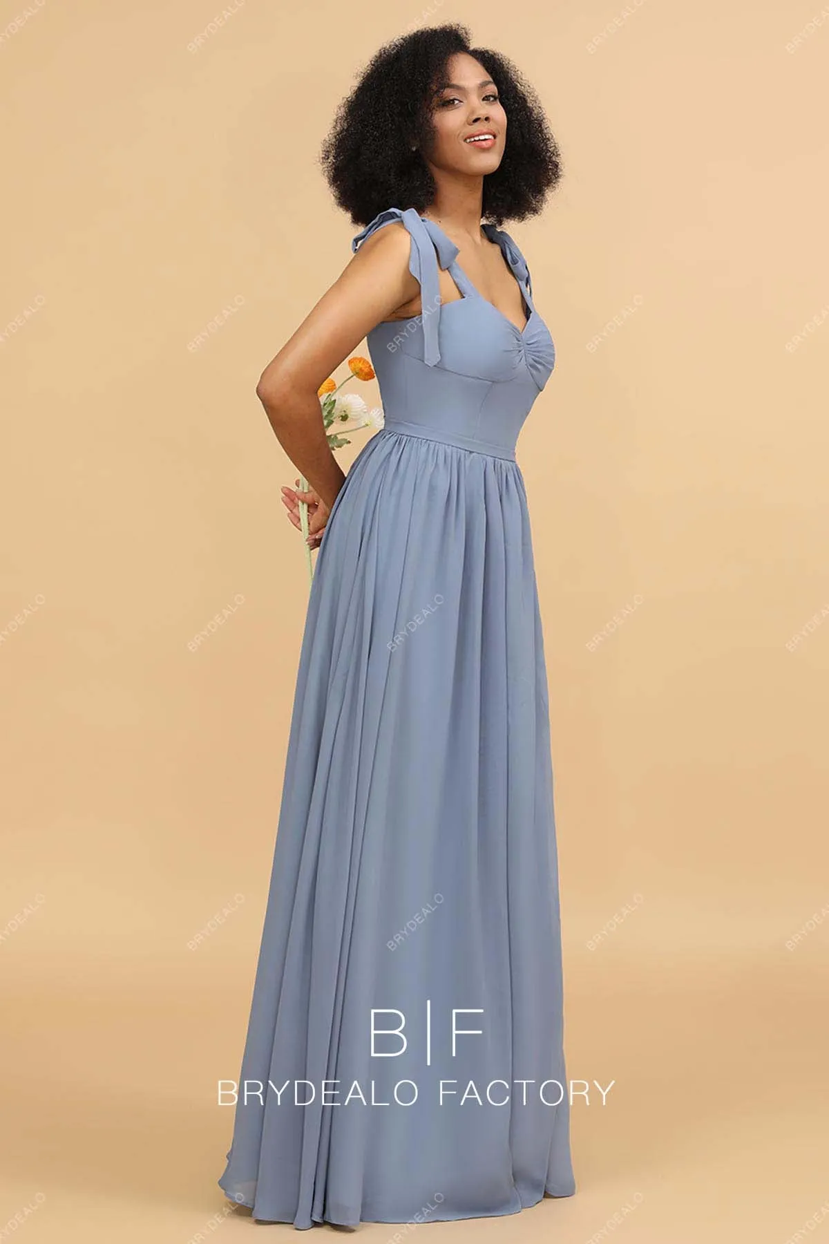 Dusty Blue Chiffon Shoulder Tie Sweetheart Empire Bridesmaid Dress