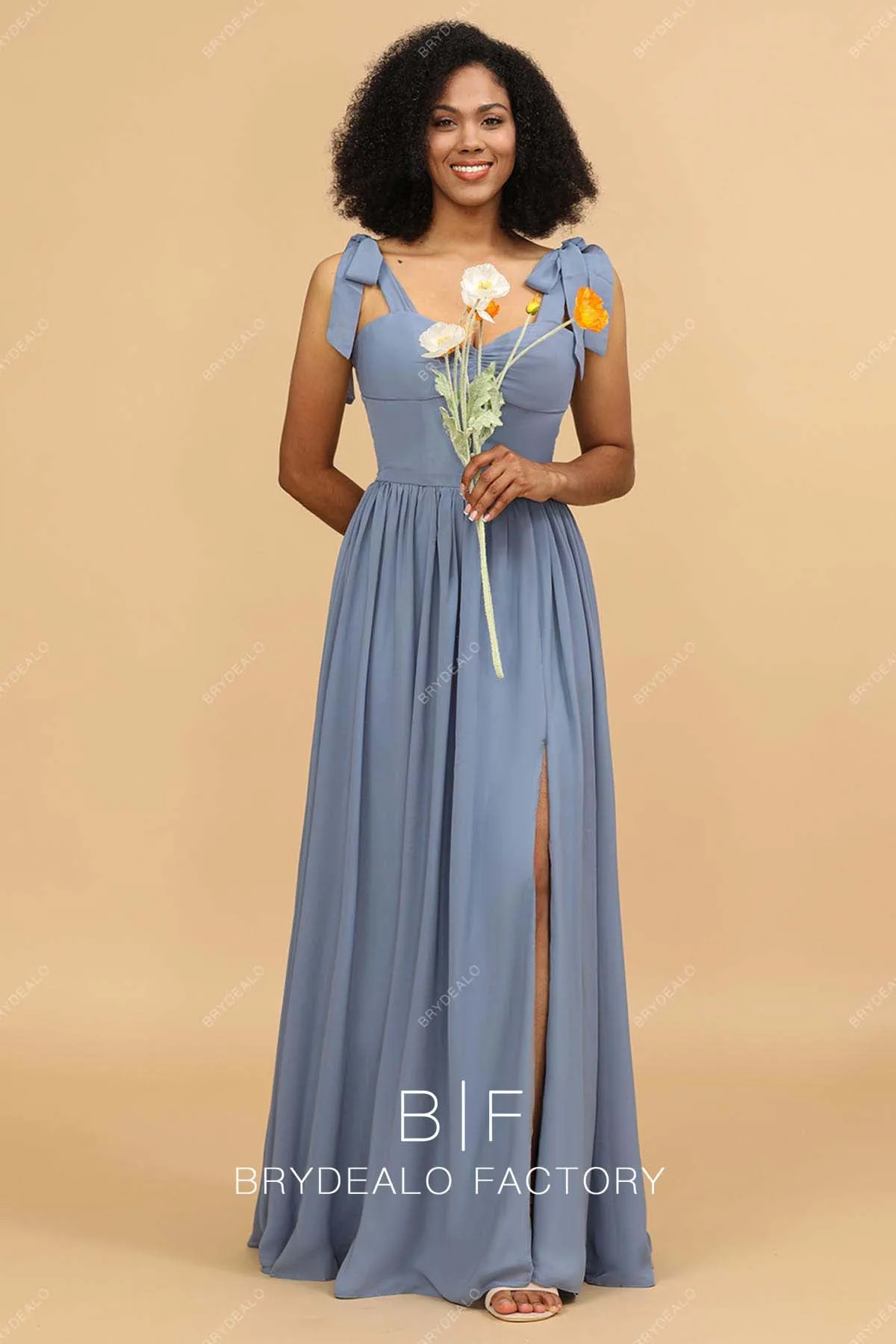 Dusty Blue Chiffon Shoulder Tie Sweetheart Empire Bridesmaid Dress