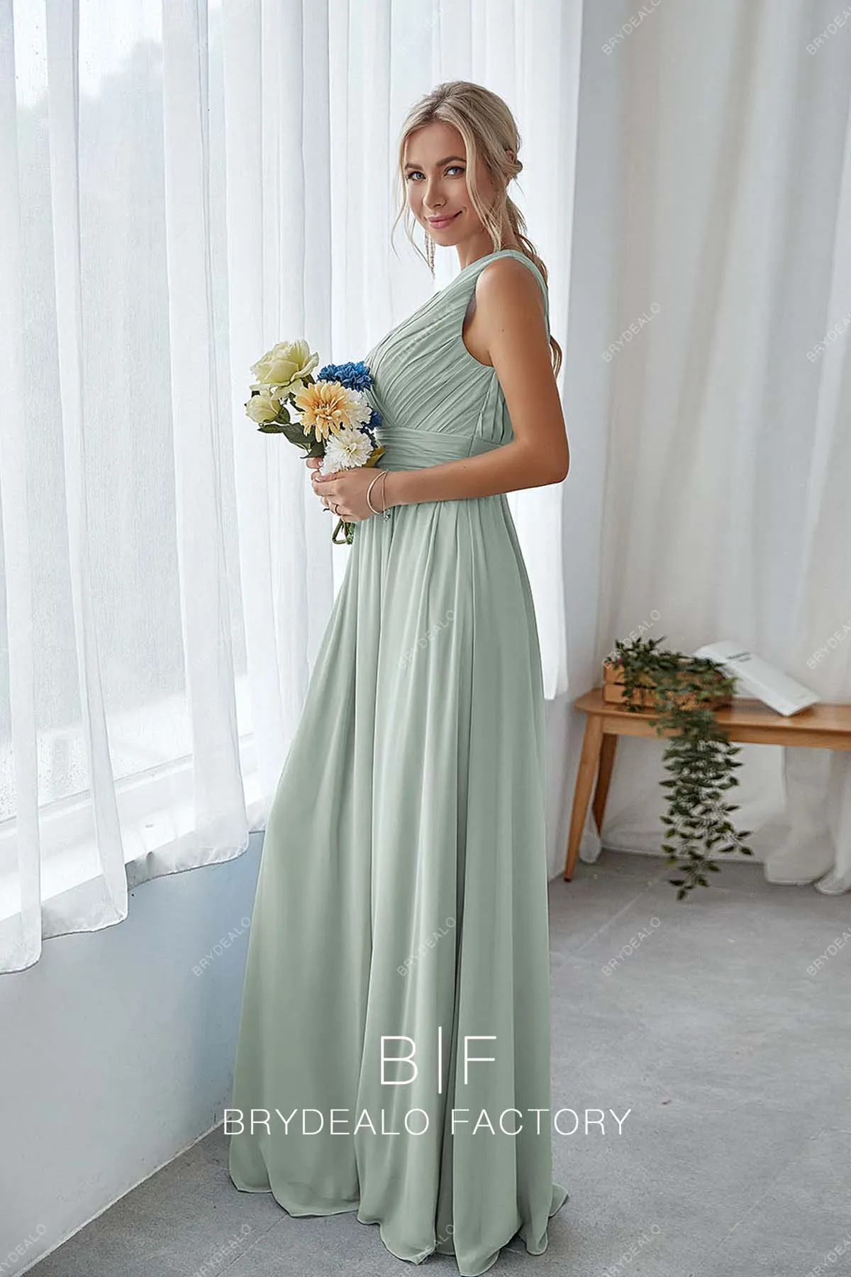 Dusty Sage Ruched V-neck Sleeveless Slit Chiffon Bridesmaid Dress