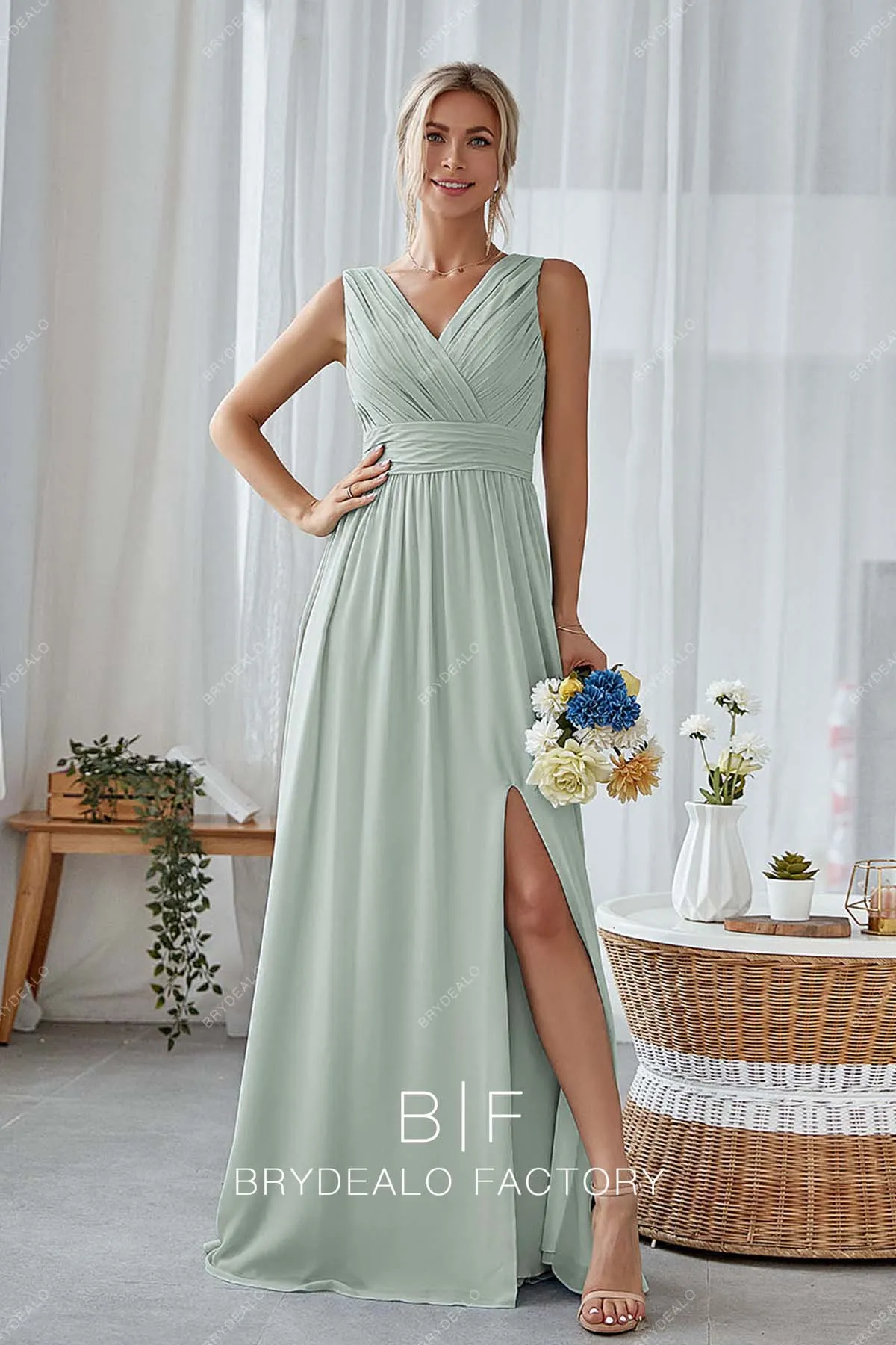 Dusty Sage Ruched V-neck Sleeveless Slit Chiffon Bridesmaid Dress