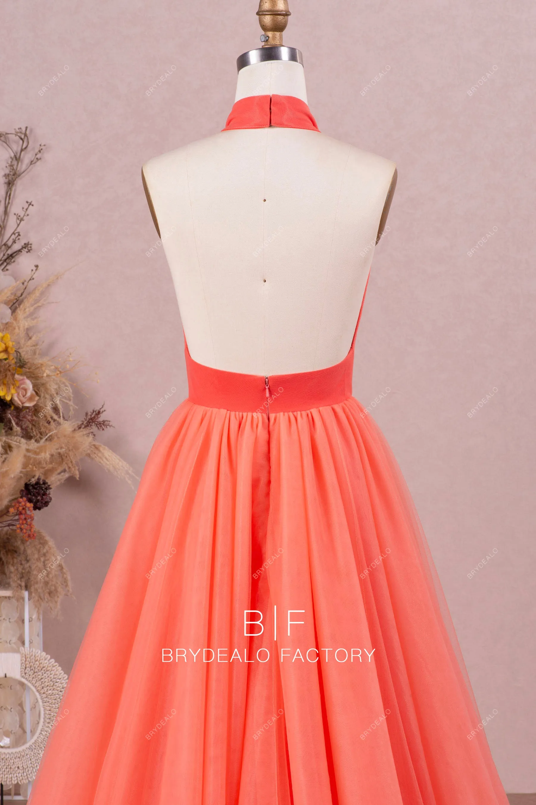 Elegant Watermelon Halter Puffy Tulle Prom Formal Dress