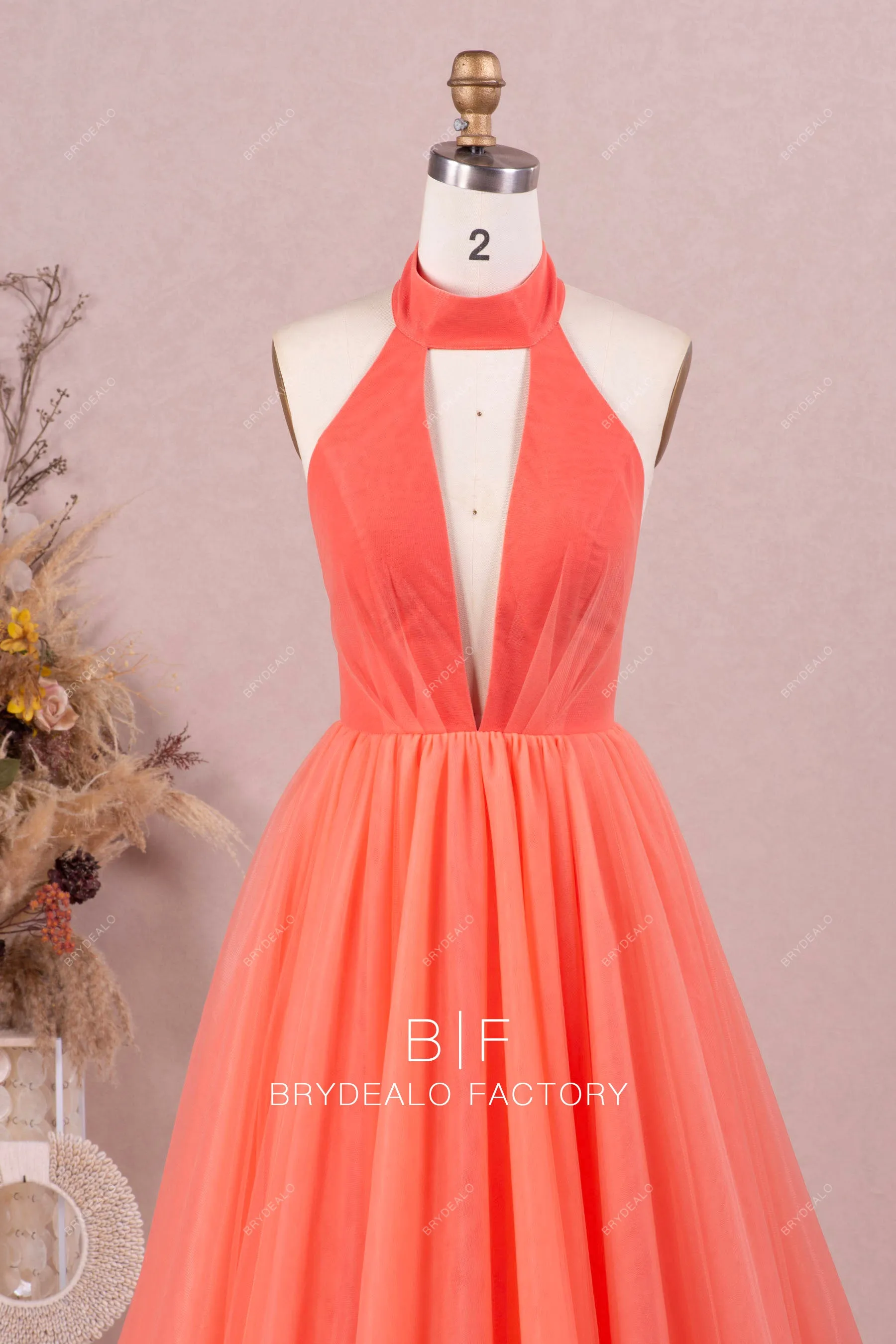 Elegant Watermelon Halter Puffy Tulle Prom Formal Dress