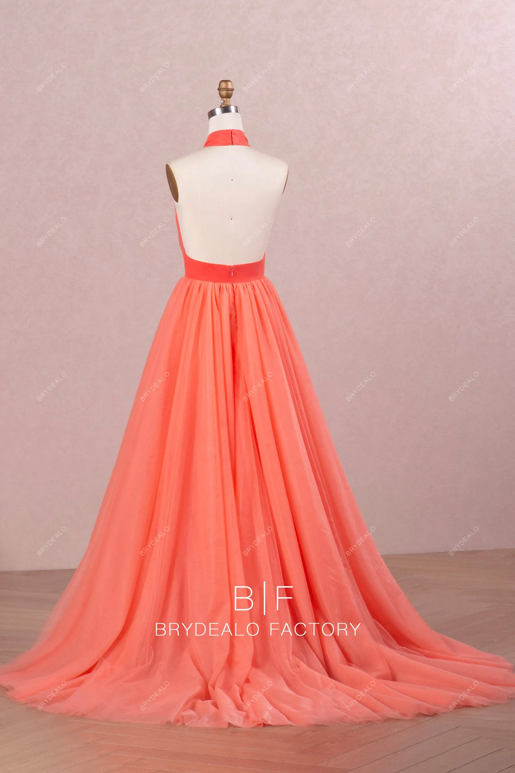 Elegant Watermelon Halter Puffy Tulle Prom Formal Dress