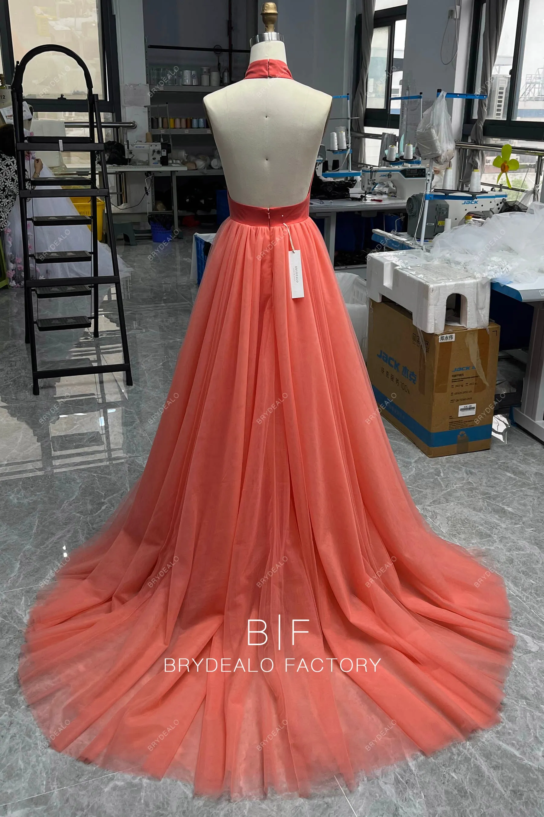 Elegant Watermelon Halter Puffy Tulle Prom Formal Dress