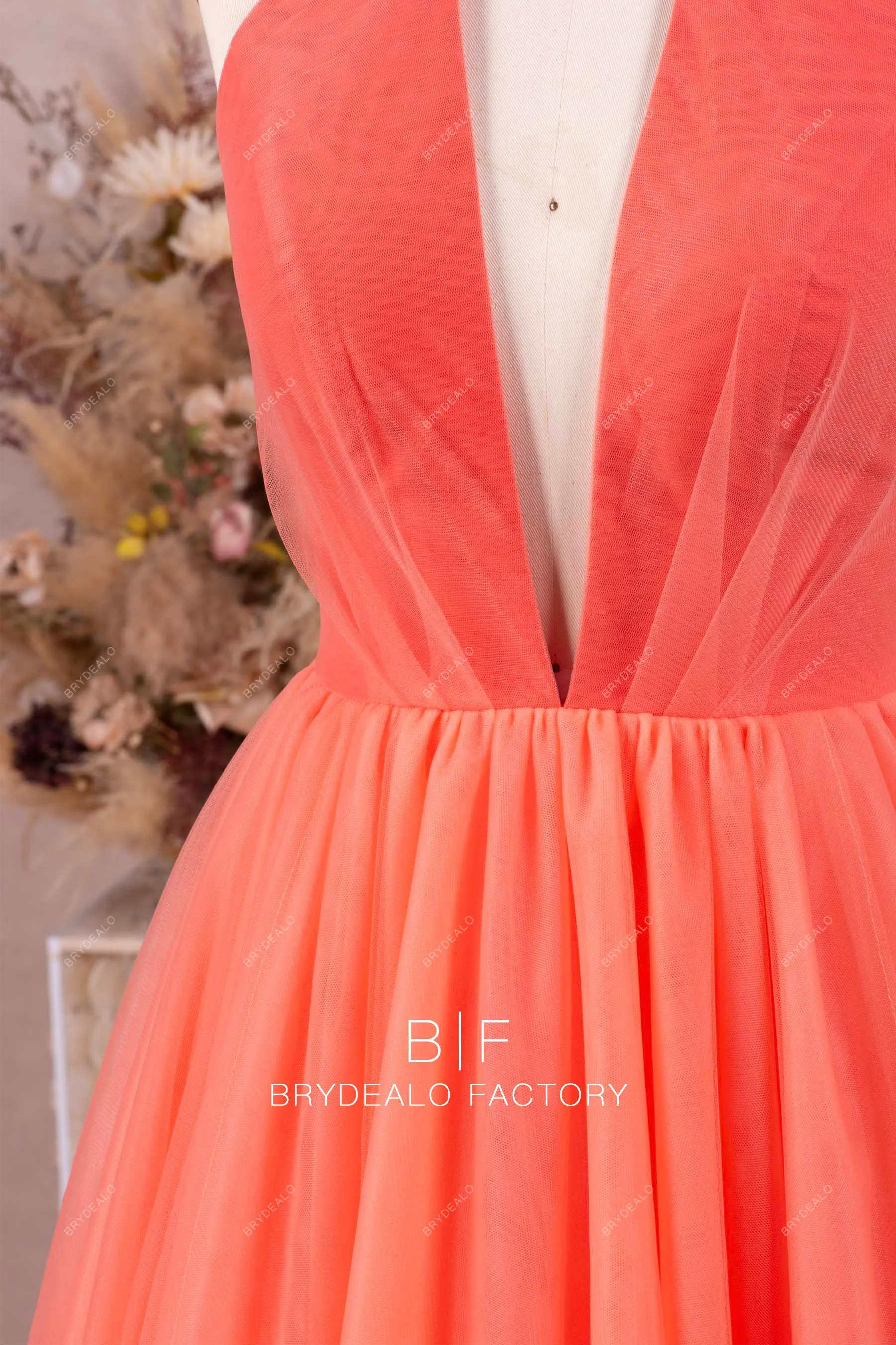 Elegant Watermelon Halter Puffy Tulle Prom Formal Dress