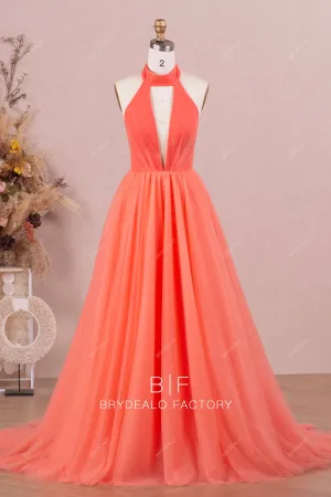 Elegant Watermelon Halter Puffy Tulle Prom Formal Dress