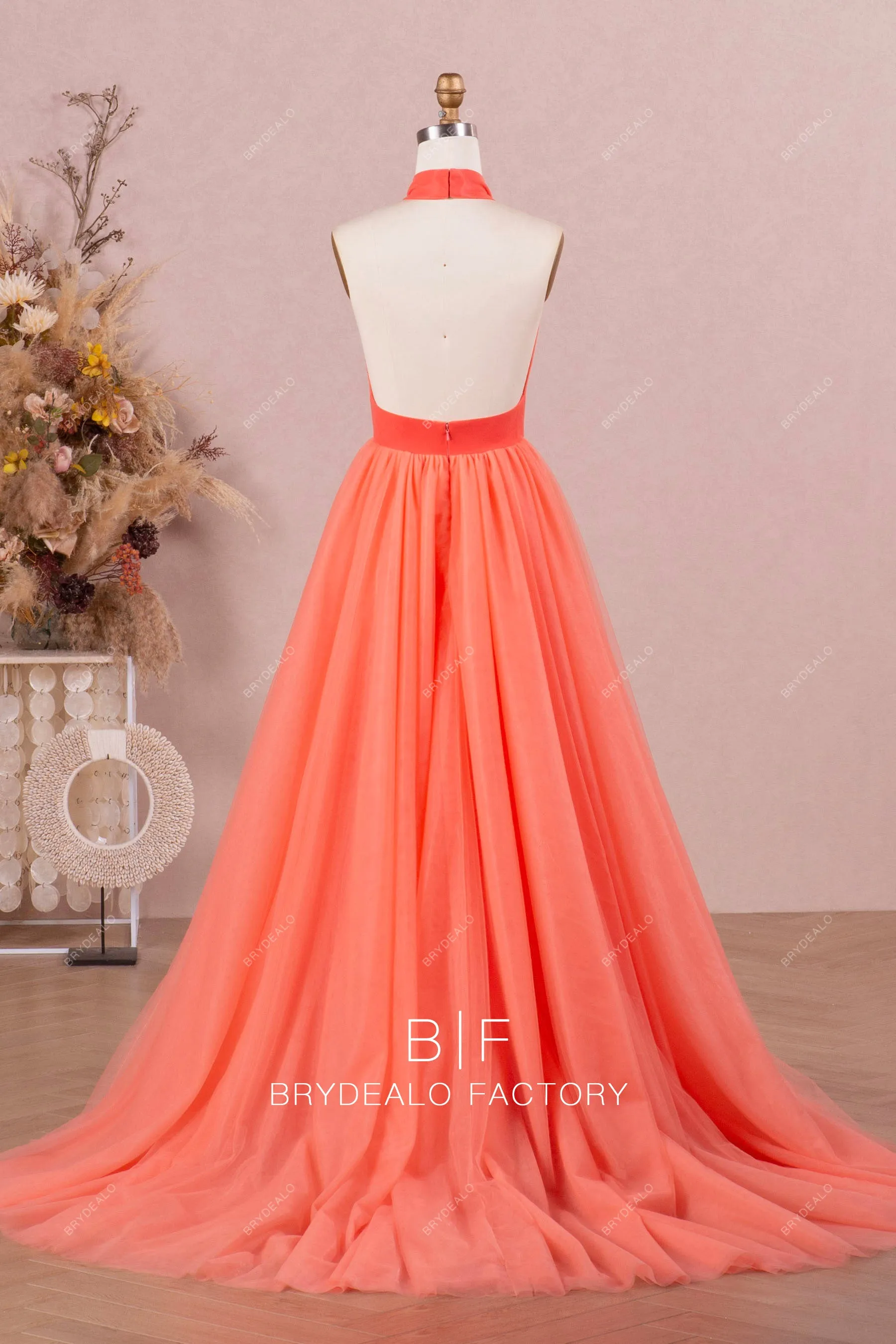 Elegant Watermelon Halter Puffy Tulle Prom Formal Dress