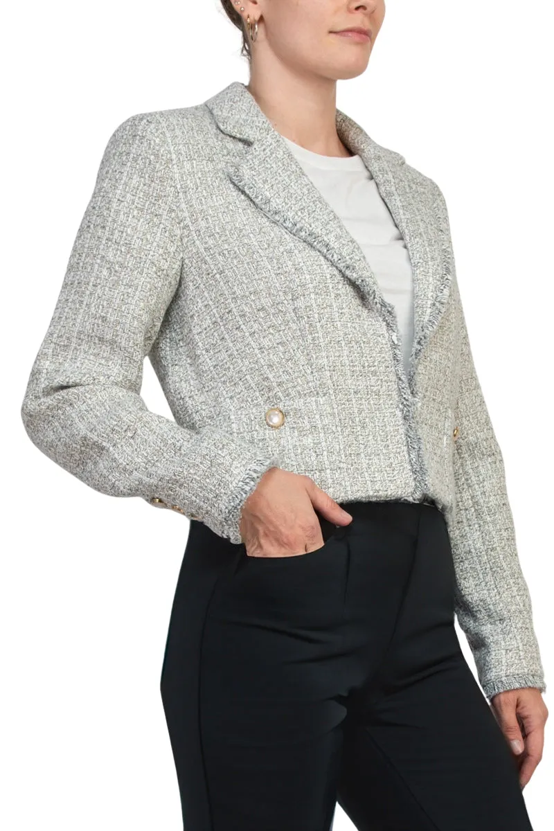 Elie Long Sleeve Tweed Metallic Open-Front Blazer With Patch Pockets With Metal Chain Logo Bar