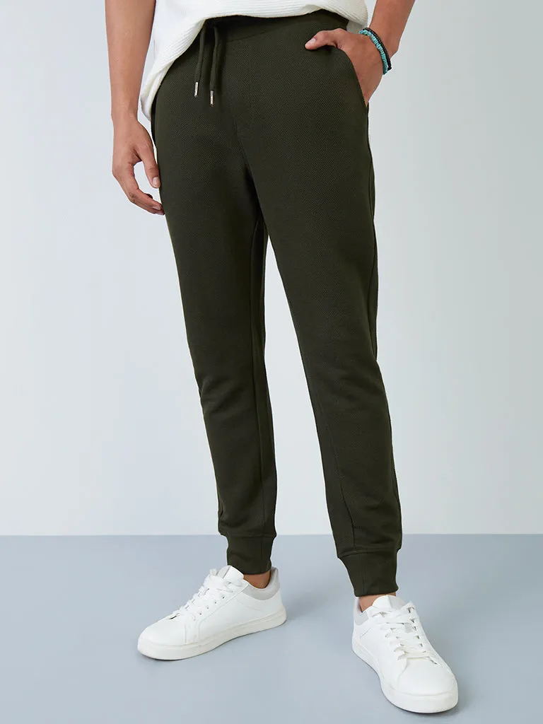 ETA Dark Olive Textured Cotton Blend Slim-Fit Mid-Rise Joggers