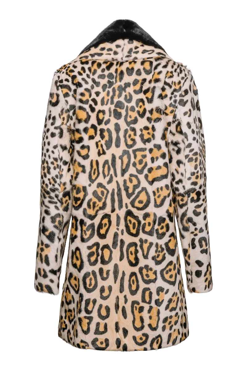 Funny Girl Leopard Print Mid Length Kidskin Fur Coat - Removeable Mink Wing Collar