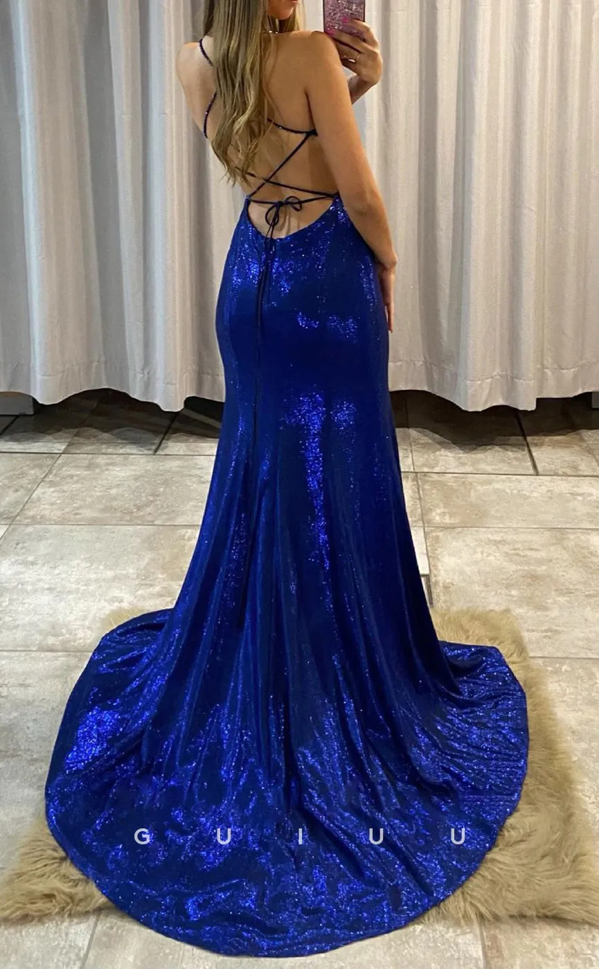 G2823 - Classic Glitter V-Neck Spaghetti Straps Blue Long Prom Evening Dress