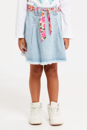 Girls Blue Pleated Denim Skirt With Belt