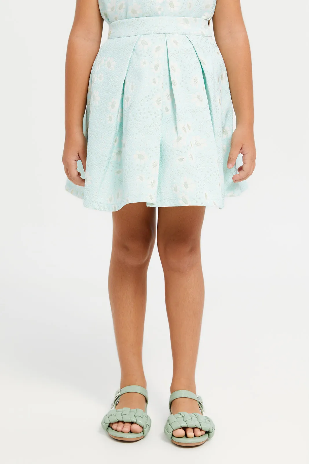 Girls Green Flower Aop Jacquard Skirt