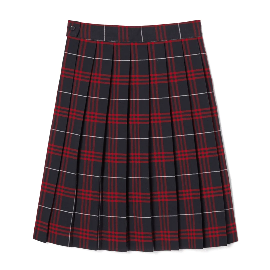 Girl's Plaid Pleated Skirt Below The Knee - Navy/Red